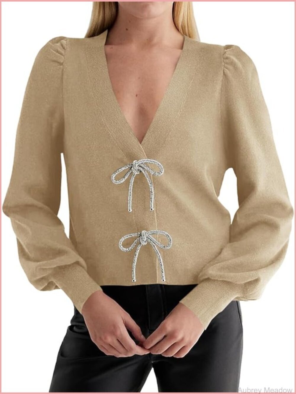 V-Neck Cropped Knit Cardigan with Bow Details Lantern Sleeve